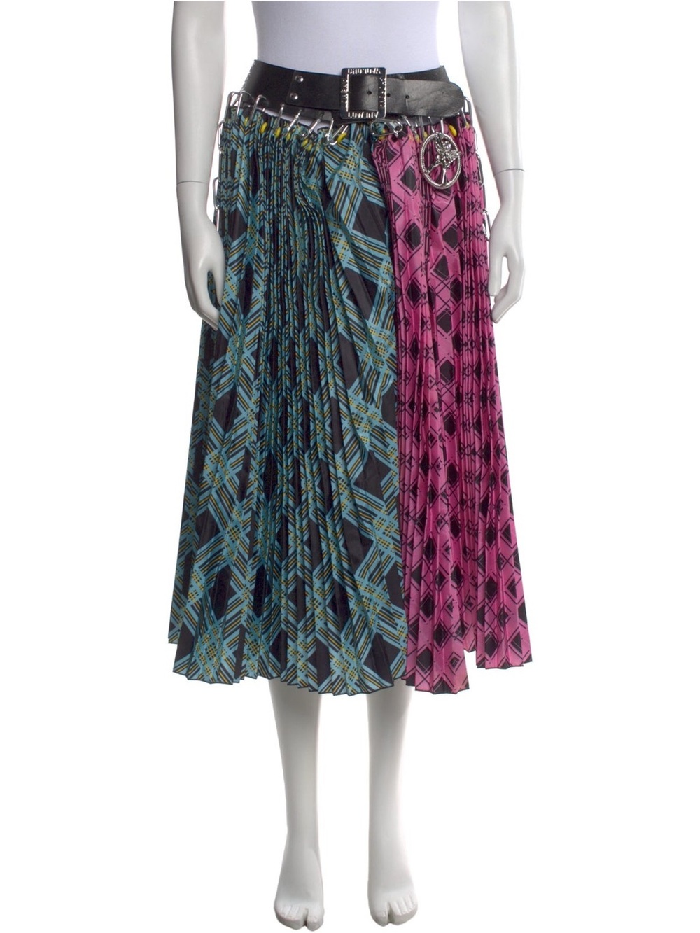 Two-Tone Pleated Circle Skirt in Pink & Teal with Silver Belt Accent